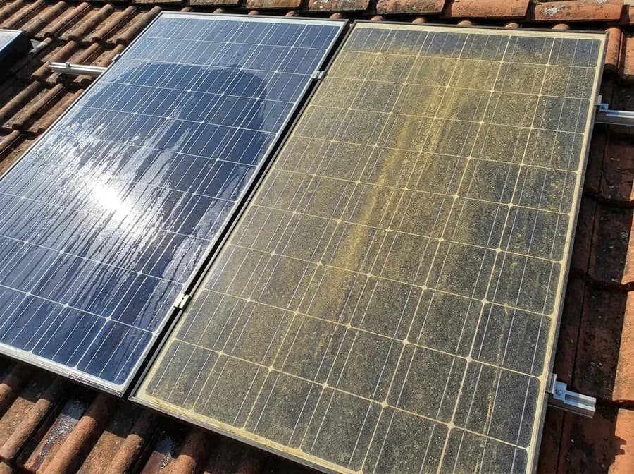 Frisch gereinigtes Solarmodul neben verschmutztem Modul