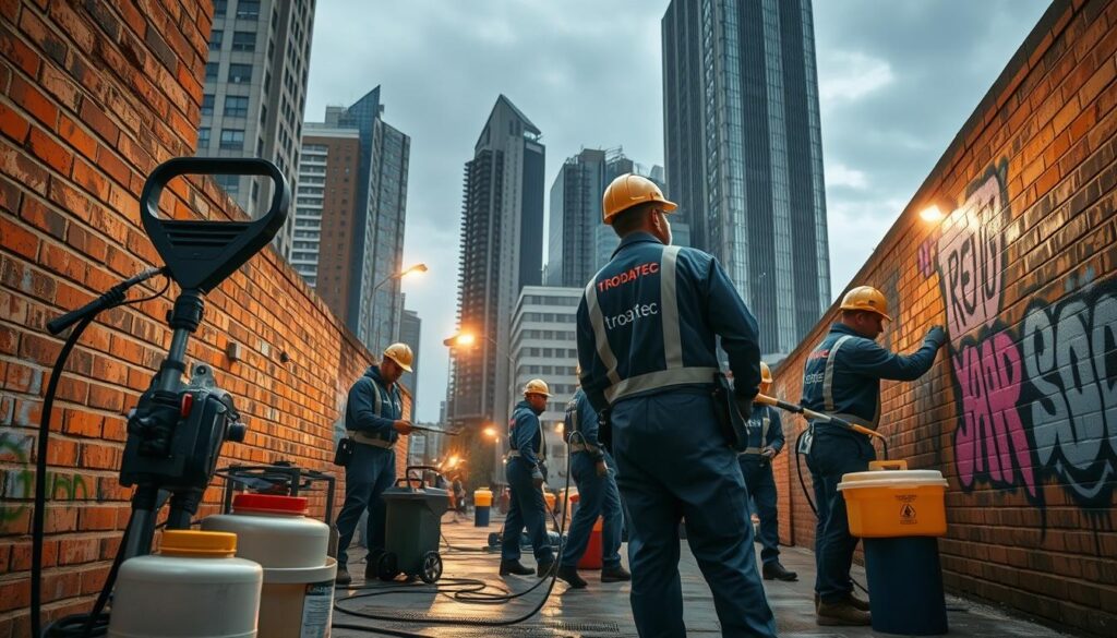 A bustling urban scene, a team of Trodatec cleaning experts using specialized equipment to expertly remove graffiti from a brick wall. The foreground features a high-pressure washer, scrubbing brushes, and chemical solvents, while in the middle ground, one worker applies a sealant to the newly cleaned surface. The background showcases the surrounding cityscape, with tall buildings and a cloudy, slightly overcast sky adding a sense of gritty realism. The lighting is a mix of natural daylight and the warm glow of work lamps, creating dramatic shadows and highlights. The overall atmosphere conveys a professional, efficient approach to the challenging task of graffiti removal.