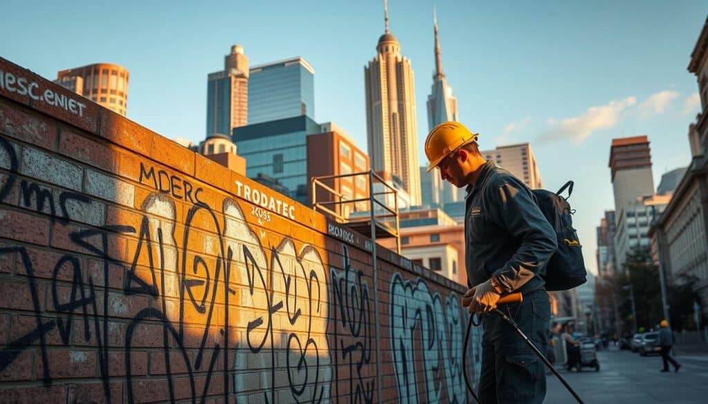 A bustling urban scene showcasing the costs of graffiti removal. In the foreground, a worker from the Trodatec company carefully scrubbing a brick wall, removing intricate tags and patterns. The middle ground features scaffolding and cleaning equipment, highlighting the labor-intensive process. In the background, a towering cityscape with a mix of modern and historic architecture sets the urban context. Warm, directional lighting casts dramatic shadows, emphasizing the textural details. The overall mood is one of diligent effort to restore a clean, professional facade, reflecting the section title "Faktoren, die die Kosten beeinflussen".
