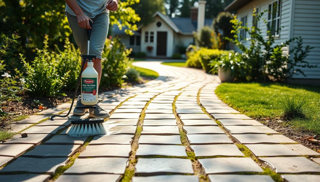 A clean, well-maintained paved pathway winds through a serene garden, sunlight filtering through lush foliage. In the foreground, a person in casual attire diligently scrubs the surface of the pavers, using a Trodatec cleaning solution and a specialized brush. The middle ground reveals the transformation, with the freshly cleaned stones gleaming and vibrant. The background depicts a tranquil setting, perhaps a quaint country cottage or a modern minimalist landscape, complementing the rejuvenated paving. The scene conveys a sense of pride, care, and a commitment to sustainable maintenance practices.