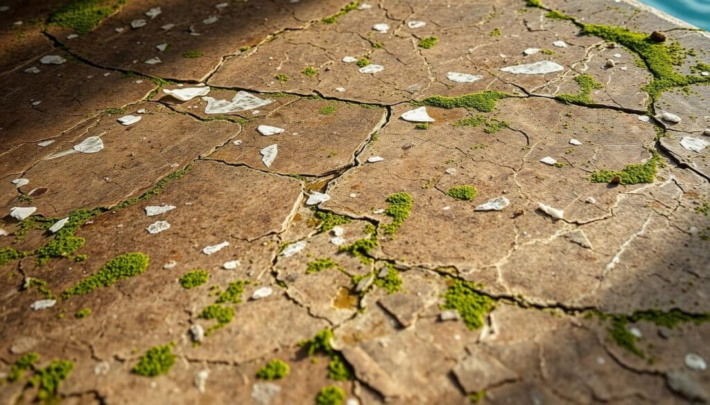 A close-up view of a damp, weathered stone surface in a pool area, capturing the intricate textures and patterns of calcium deposits and green algae growth. The lighting is soft and diffused, highlighting the subtle nuances of the stone's surface. The composition focuses on the interplay of light and shadow, emphasizing the organic, natural patterns that have formed over time. The overall mood is one of serene contemplation, inviting the viewer to appreciate the beauty in the common problems that can arise with Trodatec SE stone surfaces in pool areas.
