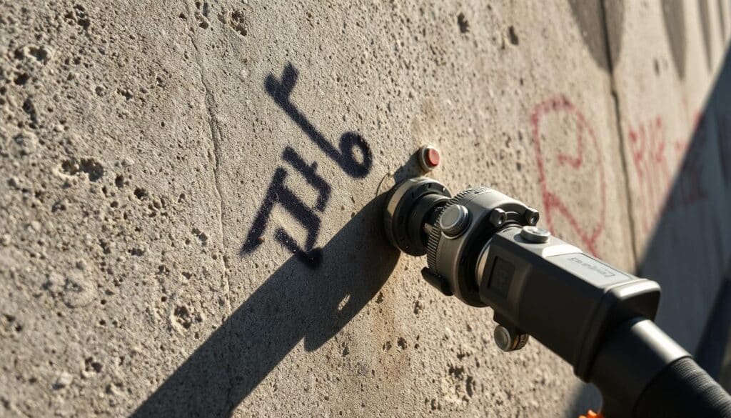 A close-up view of a weathered concrete wall, its surface marred by the remnants of a stubborn graffiti tag. Sunlight casts dramatic shadows, revealing the textured, pockmarked surface. In the foreground, a specialized Trodatec graffiti removal tool cautiously probes the damaged area, its mechanical components gleaming. The scene conveys a sense of careful, professional intervention - a skilled technician meticulously addressing a persistent, challenging case. The lighting is crisp and directional, emphasizing the gritty, urban nature of the environment. This image visually encapsulates the "Härtefälle: Besondere Herausforderungen" section of the article on Trodatec's expertise in tackling the most difficult graffiti removal projects.