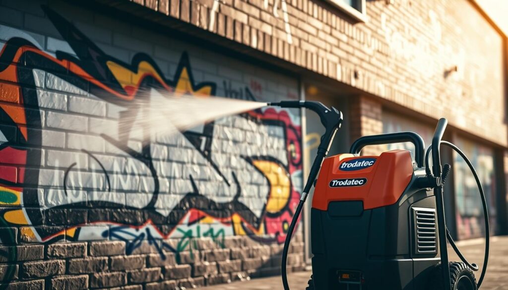 A commercial building's exterior, the walls marked by a graffiti pattern of bold, expressive colors and geometric shapes. A Trodatec pressure washer stands ready, its powerful spray nozzle aimed at the vandalized surface. The scene is lit by warm, directional lighting, casting dramatic shadows that accentuate the textural details of the brickwork and the grime-encrusted graffiti. The image conveys the professionalism and efficiency required to effectively remove graffiti from commercial properties, restoring a clean, pristine appearance.