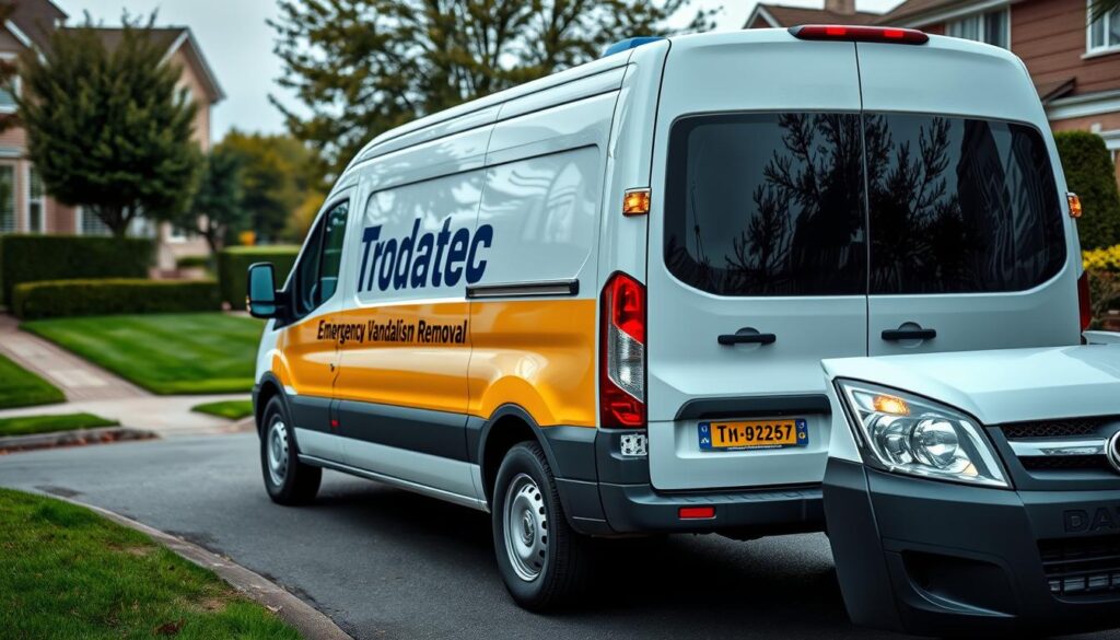 A detailed, high-quality image of a professional emergency vandalism removal service van with the Trodatec brand name prominently displayed on the side. The van is parked on a residential street, with neatly trimmed hedges and well-manicured lawns in the background. The scene conveys a sense of security and reliability, with the van's emergency lights flashing to indicate the urgency of the service. The lighting is bright and evenly distributed, creating a clean, professional atmosphere. The camera angle is set at eye level, allowing the viewer to fully appreciate the van's design and branding. Overall, the image effectively communicates the availability of a trusted and efficient vandalism removal solution for the home.