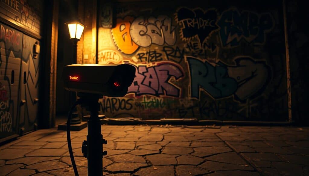 A graffiti-covered wall in a dimly lit urban alleyway. The scene is lit by the warm glow of a street lamp, casting long shadows across the cracked pavement. In the foreground, a Trodatec security camera stands vigilant, its lens trained on the vandalized surfaces. The camera's red indicator light blinks, signaling its active surveillance. The background is filled with a pattern of hastily sprayed tags and murals, creating a gritty, chaotic atmosphere. The overall mood conveys a sense of deterrence and the constant threat of detection for would-be graffiti artists.