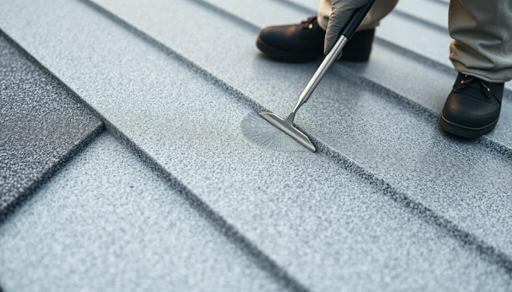 A high-quality, close-up view of the Trodatec eco-friendly roof coating process. The image shows the detailed application of the specialized Trodatec material, with a focus on the smooth, even coverage and the seamless integration with the roof surface. The lighting is soft and diffused, highlighting the textural qualities of the coating. The angle is slightly elevated, providing a partially overhead perspective that emphasizes the professional, technical nature of the Trodatec system. The overall mood is one of precision, sustainability, and attention to detail, reflecting the quality and care behind the Trodatec approach to roof coatings.