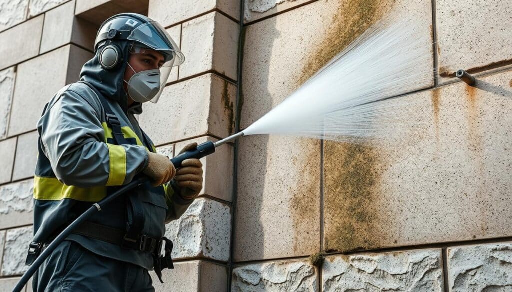A high-resolution, detailed image of the Trodatec stone cleaning process. A worker in protective gear using a specialized pressure washer to gently remove dirt, moss, and grime from the surface of a stone facade. The scene is well-lit, with soft, directional lighting illuminating the cleaning action. The background shows a partially cleaned section of the facade, contrasting with the dirty areas. The focus is on the cleaning technique and the high-quality results achieved by Trodatec's expert team. The overall mood is one of precision, professionalism, and attention to detail.