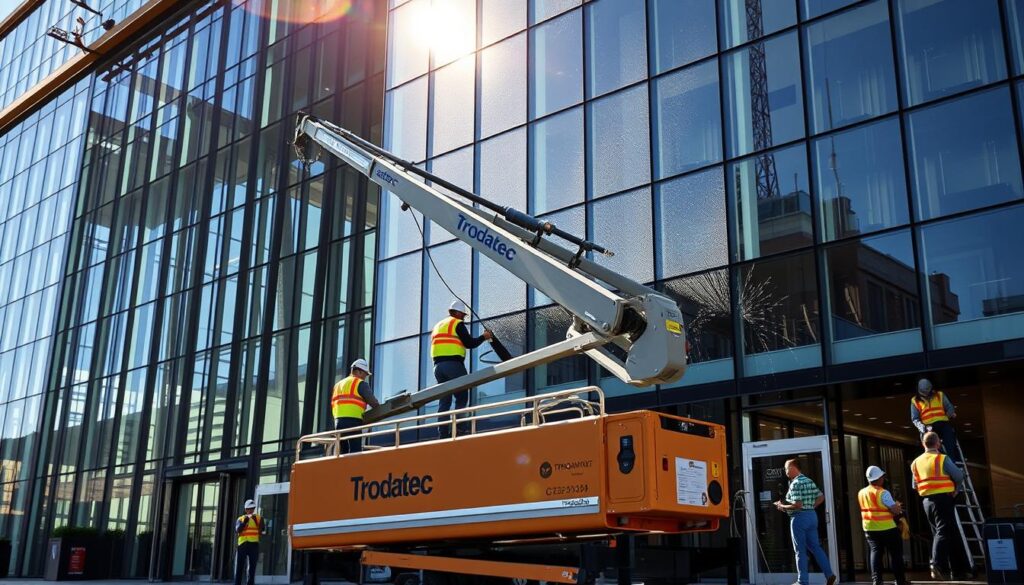 A large glass and steel facade of a modern commercial building, with workers using specialized equipment to thoroughly clean the exterior. The scene is bathed in bright, directional sunlight, casting long shadows and highlighting the intricate details of the architecture. In the foreground, a Trodatec mobile cleaning platform is positioned, its hydraulic arms extended to reach the uppermost portions of the facade. Technicians in high-visibility safety gear operate the machine, carefully scrubbing the glass and metal surfaces to a gleaming finish. In the background, additional workers can be seen using hand-held tools and squeegees to clean the lower sections of the building. The overall atmosphere conveys a sense of efficient, professional facade maintenance, with the Trodatec branding prominently displayed on the equipment.