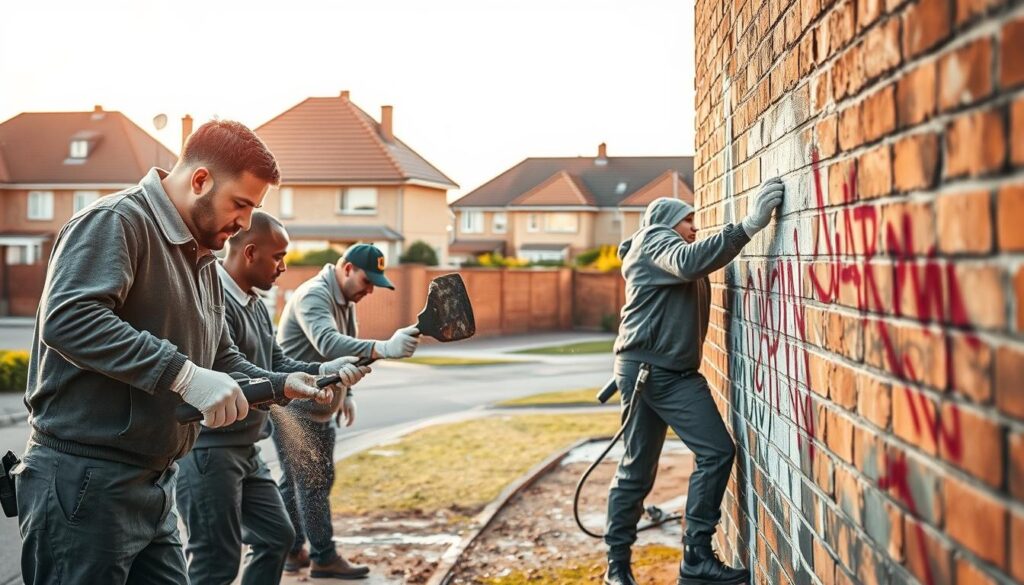 A meticulously detailed image of "Graffitientfernung Experten" by Trodatec, showcasing their expert graffiti removal services. In the foreground, a team of specialists diligently scrubbing and scraping away graffiti from a weathered brick wall, their concentrated expressions and careful movements on full display. The middle ground reveals the dramatic transformation, with the freshly cleaned brick facade standing out against the surrounding environment. In the background, a well-maintained suburban neighborhood, suggesting the comprehensive nature of Trodatec's services. Warm, natural lighting bathes the scene, creating a sense of professionalism and attention to detail. The overall mood conveys the company's commitment to restoring surfaces to their former glory, with a keen eye for precision and attention to detail.
