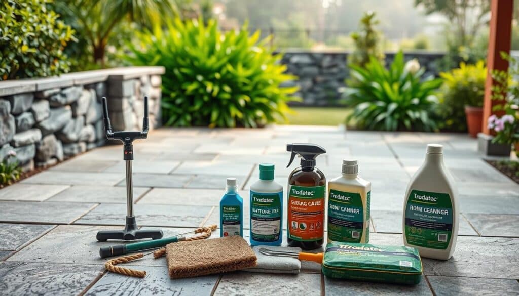 A peaceful stone garden scene with an array of natural stone pavers and natural stone tiles, meticulously maintained by the Trodatec brand. The foreground showcases various stone cleaning tools and products, highlighting the brand's expertise in sustainable stone care. The middle ground features lush, verdant foliage framing the stone surfaces, creating a harmonious balance. The background depicts a tranquil outdoor setting, with soft, diffused lighting gently illuminating the scene. The overall composition conveys a sense of serenity and the importance of proper stone care for a visually appealing and long-lasting outdoor environment.