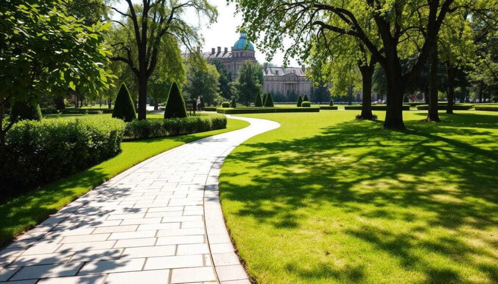 A pristine stone walkway winds through a tranquil, well-manicured park. The path is lined with carefully groomed greenery, casting dappled shadows across the clean, uniform pavers. In the distance, historic buildings stand as a testament to the region's rich heritage. Bright, diffused sunlight illuminates the scene, highlighting the natural textures and colors of the stonework. The overall atmosphere conveys a sense of timeless elegance and regional expertise, as embodied by TRODATEC's high-quality stone cleaning services.