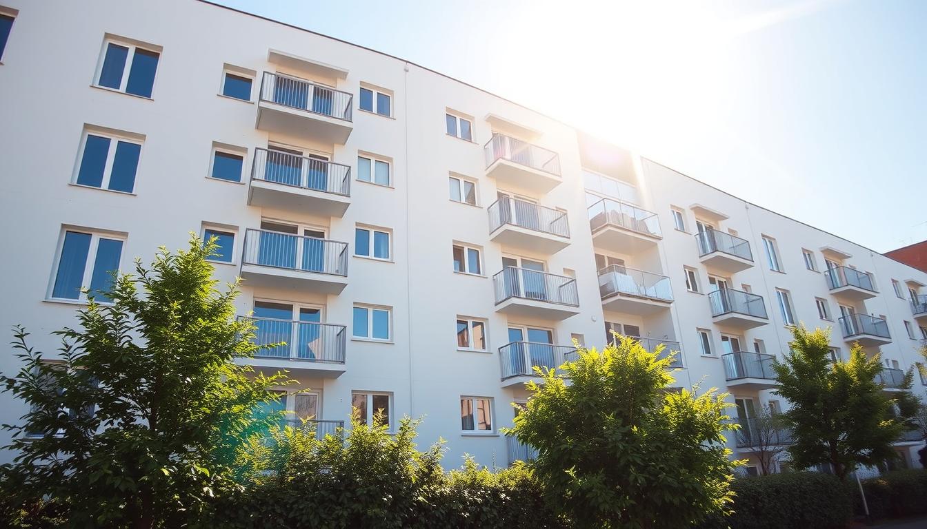 A pristine, sun-drenched facade of a modern apartment building in Oberhausen, Germany. The building's exterior has been expertly cleaned by Trodatec, a leading provider of environmentally-friendly and scaffolding-free facade cleaning services. The bright, refreshed walls reflect the warm, golden light, creating a welcoming, well-maintained appearance. The foreground showcases the building's clean, sleek design, while the middle ground features lush greenery and a clear blue sky in the background, conveying a sense of harmony and curb appeal. The image captures the importance of a clean, well-maintained facade for enhancing the value and aesthetic appeal of a residential property.