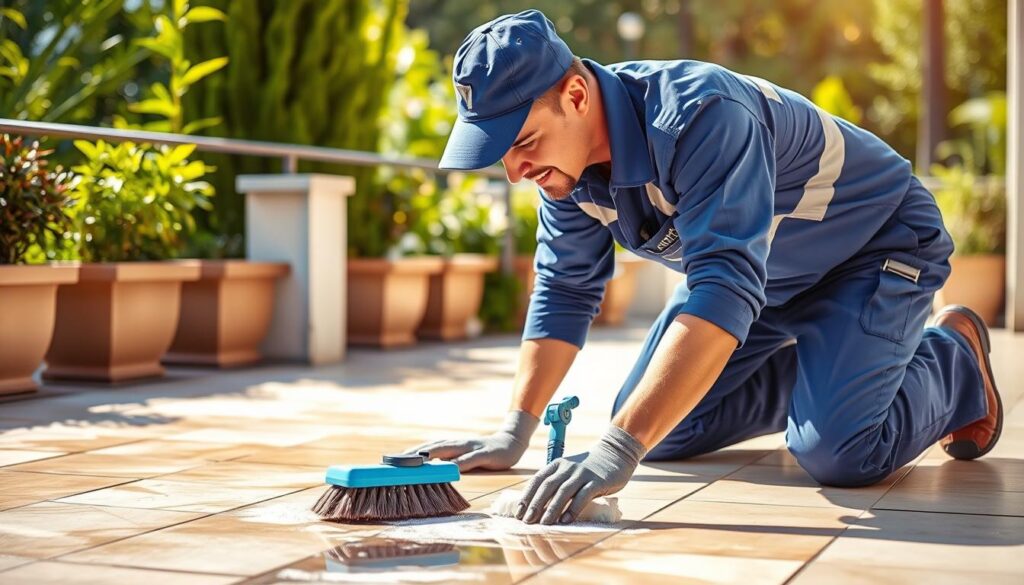 A professional Trodatec terrace cleaning process in a well-lit outdoor setting. A worker in a blue uniform kneels on a paved terrace, scrubbing the surface with a specialized brush and cleaning solution. The terrace is surrounded by lush greenery, with the warm sun casting gentle shadows. The worker's focused expression conveys a methodical, step-by-step approach to the task. The image captures the attention to detail and care required for a thorough, high-quality terrace cleaning, showcasing the Trodatec brand's expertise in this domain.