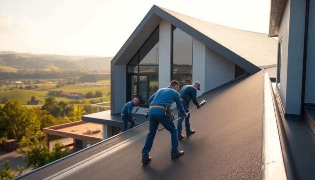 A professional application of Trodatec's biologically degradable roofing sealants on a modern residential building. In the foreground, a team of experts skillfully apply the sealant using specialized tools, creating a smooth, even surface. The middle ground showcases the building's sleek, angular architecture, bathed in warm, natural lighting. In the background, a picturesque landscape of rolling hills and lush greenery sets the scene. The overall atmosphere conveys a sense of expertise, efficiency, and environmental responsibility, perfectly reflecting the Trodatec brand and the "Professional Application by Trodatec Experts" section of the article.