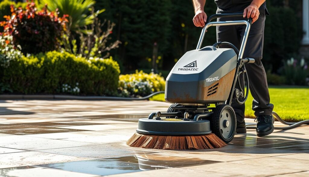 A professional, high-quality image of a stone cleaning process, showcasing the advantages of using the Trodatec system over DIY methods. The scene depicts a well-lit, outdoor setting with a driveway or patio in the foreground. The Trodatec cleaning equipment is prominently featured, with its operators carefully and efficiently scrubbing the stone surface to remove accumulated dirt, moss, and grime. The background shows a well-maintained, lush garden or landscaping, creating a visually pleasing and natural environment. The overall atmosphere conveys a sense of effectiveness, professionalism, and the superior results achievable with Trodatec's stone cleaning services.