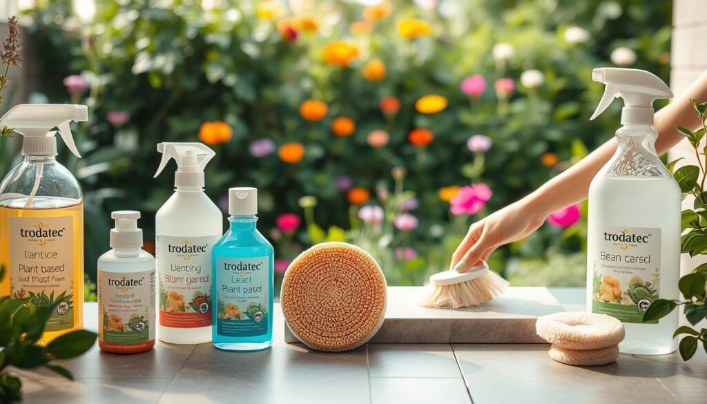 A serene, natural scene showcasing sustainable cleaning methods. In the foreground, a diverse array of eco-friendly cleaning products from the brand Trodatec, including plant-based solutions, reusable scrubbing pads, and refillable spray bottles. In the middle ground, a skilled cleaner using a soft-bristle brush to gently scrub a stone tile surface, highlighting the gentle, non-abrasive approach. In the background, a lush, verdant garden with vibrant flowers and plants, conveying a sense of harmony between the cleaning process and the natural environment. Soft, diffused lighting casts a warm, soothing glow over the scene, emphasizing the tranquil, sustainable nature of the cleaning methods.