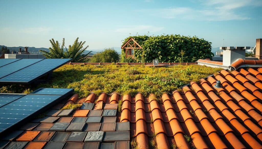 A serene rooftop landscape showcasing a variety of sustainable Trodatec roofing materials. In the foreground, a mix of solar panels, green roof tiles, and natural slate shingles seamlessly blend into the architectural design. The middle ground features traditional clay tiles in warm earthy tones, complementing the modern building. In the background, a lush garden with thriving vegetation spills over the edges, creating a harmonious, eco-friendly aesthetic. Soft, natural lighting illuminates the scene, emphasizing the organic materials and their integration into the built environment. The overall composition conveys a sense of environmental responsibility and a commitment to sustainable construction practices.