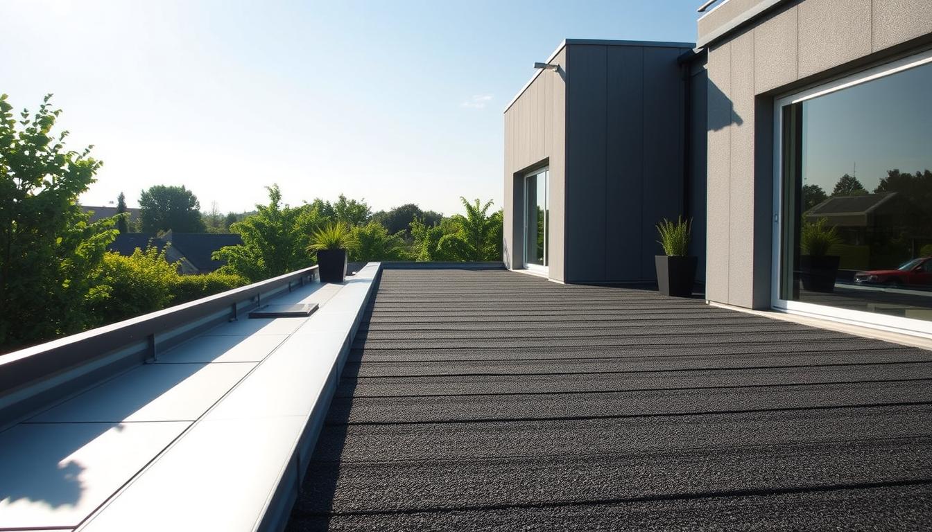 A serene rooftop landscape with a meticulously installed Dachabdichtungssystem by the renowned Trodatec brand. The system seamlessly blends into the sleek, modern architecture, featuring a sleek, low-profile design that effortlessly sheds water and protects the building. Sunlight gently illuminates the textured, high-quality materials, creating a sense of durability and environmental harmony. In the background, lush greenery and a clear sky create a calming, natural atmosphere, emphasizing the sustainable and eco-friendly nature of the Trodatec roofing solution.