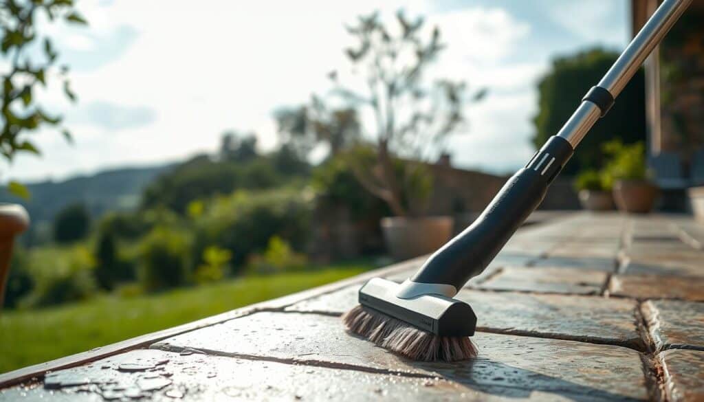 A serene, well-lit outdoor scene featuring a stone terrace or walkway being gently cleaned using sustainable methods. The foreground shows a Trodatec-branded cleaning tool carefully scrubbing the stone surface, removing accumulated dirt and grime without causing any damage. The middle ground reveals the natural texture and hues of the stone, while the background features lush greenery and a calming sky. The overall atmosphere is one of eco-friendly restoration, with a focus on the gentle, effective, and environmentally-conscious cleaning process.