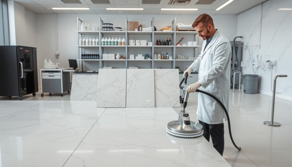 A sleek, modern laboratory setting with state-of-the-art equipment for marble cleaning and restoration. In the foreground, a technician in a white lab coat carefully operates a high-tech cleaning device, using the latest Trodatec technology. The middle ground showcases various marble tiles, some in pristine condition and others undergoing the cleaning process, bathed in soft, diffused lighting. In the background, shelves hold an array of specialized cleaning solutions and tools, reflecting the comprehensive capabilities of this marble restoration facility. The overall atmosphere conveys a sense of precision, professionalism, and the application of innovative methods to preserve the timeless beauty of marble surfaces.