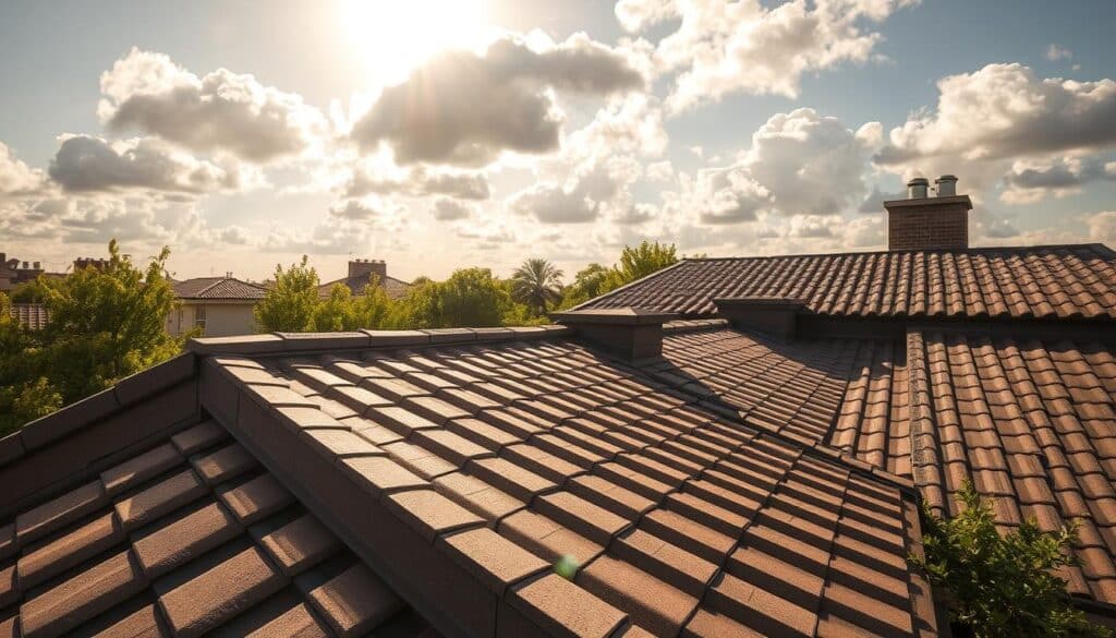 A sun-dappled rooftop, adorned with an array of sustainable Trodatec roofing materials. Sleek, textured tiles in muted earth tones blend seamlessly with the surrounding architecture. Durable yet eco-friendly, these materials harness natural insulation properties to conserve energy. Soft shadows cast by fluffy clouds create a gentle, calming ambiance, while the warm, golden light illuminates the verdant foliage below. This harmonious scene embodies the essence of sustainable, environmentally conscious roofing solutions.