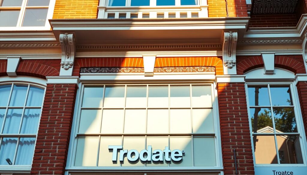 A vibrant and well-maintained commercial building facade, showcasing the Trodatec brand. The facade is meticulously cleaned, with a fresh coat of high-quality paint that gleams in the warm, diffused sunlight. The windows are spotless, allowing natural light to flood the interior. The architectural details, such as the ornate cornices and intricate brickwork, are sharply defined, highlighting the building's timeless elegance. The overall scene conveys a sense of pride, professionalism, and the economic benefits of regular facade maintenance for commercial properties.