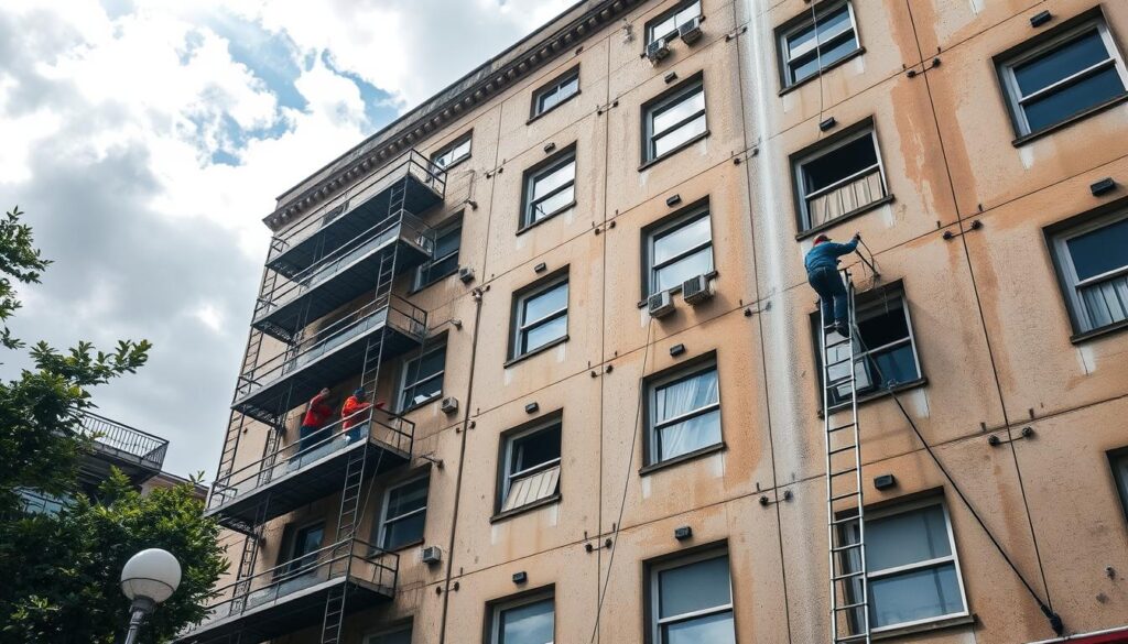 A weathered, multi-story commercial building stands tall, its façade weathered by time and the elements. The once-pristine surface is now marred by dirt, grime, and environmental pollutants, diminishing the building's curb appeal. A team of Trodatec experts, equipped with specialized cleaning equipment, carefully ascends the scaffolding, meticulously scrubbing and rinsing the façade to restore its former glory. Sunlight filters through the clouds, illuminating the transformation as the building regains its vibrant, well-maintained appearance, enhancing the overall aesthetic of the surrounding neighborhood and bolstering the property's value.