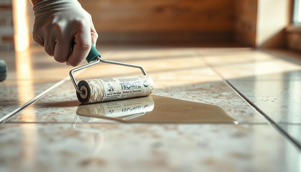 A well-lit, close-up view of a stone surface being sealed with a transparent protective coating. The foreground shows a worker's hand carefully applying the Trodatec sealant product with a roller, leaving a glossy, even finish on the natural stone tiles. The middle ground reveals the stone's texture and color, while the background blurs softly, emphasizing the attention to detail in the sealing process. The lighting is warm and directional, casting subtle shadows that accentuate the tactile quality of the material. An atmosphere of precision and care permeates the scene, reflecting the importance of proper stone surface preparation.