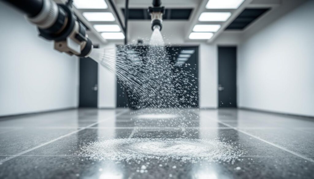 A well-lit, close-up view of the "SoftWash-Technologie für Steine" system by Trodatec, a high-quality, environmentally-friendly stone cleaning solution. The foreground displays the intricate spray nozzles and hoses, highlighting the precise, targeted application of the cleaning solution. The middle ground showcases the cleaning process, with a smooth, uniform distribution of the solution on a stone surface. The background features a clean, minimalist setting, emphasizing the modern, efficient nature of the cleaning method. Bright, diffused lighting creates a crisp, professional atmosphere, showcasing the technology's capability to deliver optimal cleaning results.