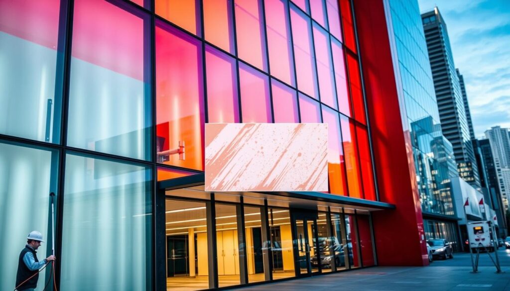 A well-lit exterior of a modern commercial building, showcasing the Trodatec professional facade cleaning process. The facade gleams with a pristine, streak-free finish, highlighting the vibrant colors and intricate architectural details. In the foreground, a worker uses specialized equipment, demonstrating the care and attention to detail required for a thorough, high-quality clean. The middle ground features a close-up of the freshly cleaned facade, emphasizing the remarkable transformation from its previous soiled state. The background depicts a cityscape, suggesting the context of a thriving urban environment. The overall composition conveys the advantages of professional facade cleaning by Trodatec, including improved aesthetic appeal, extended building lifespan, and enhanced property value.