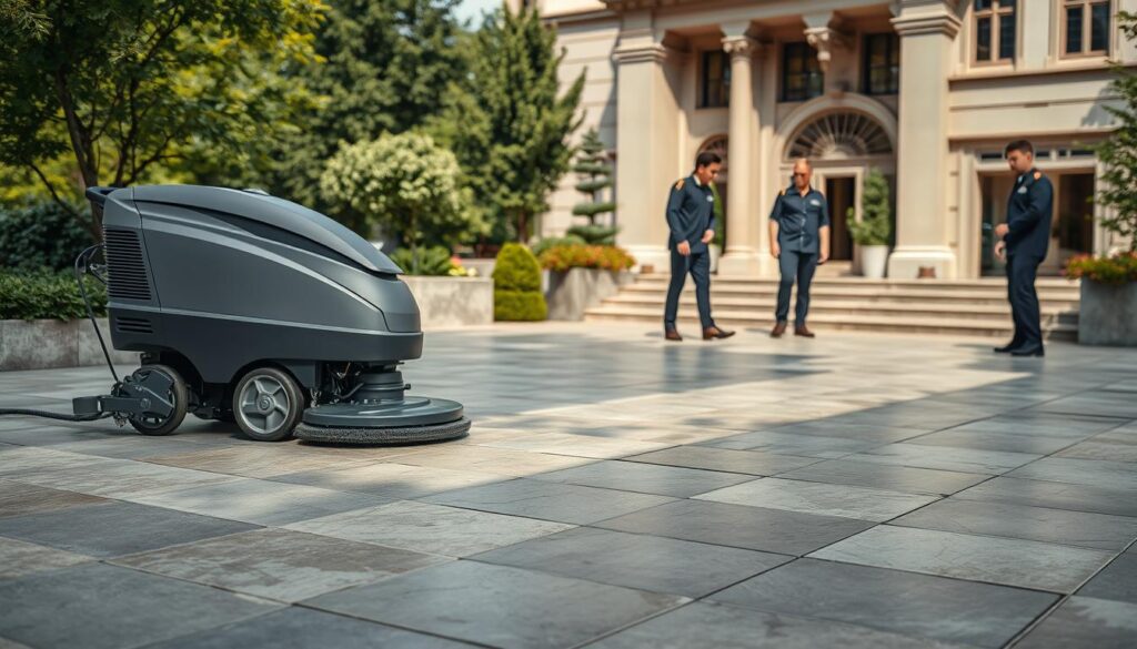 A well-lit exterior scene showcasing a professional stone floor cleaning service. In the foreground, a Trodatec SE cleaning machine with its sleek, modern design meticulously scrubs a large paved stone surface. The middle ground features a team of uniformed technicians guiding the cleaning process with precision. In the background, a blend of natural and architectural elements, such as lush greenery and the façade of a stately building, establish a serene and high-quality commercial setting. The lighting is soft yet directional, casting subtle shadows that accentuate the texture of the stone. An overall sense of efficiency, expertise, and environmental consciousness permeates the scene.