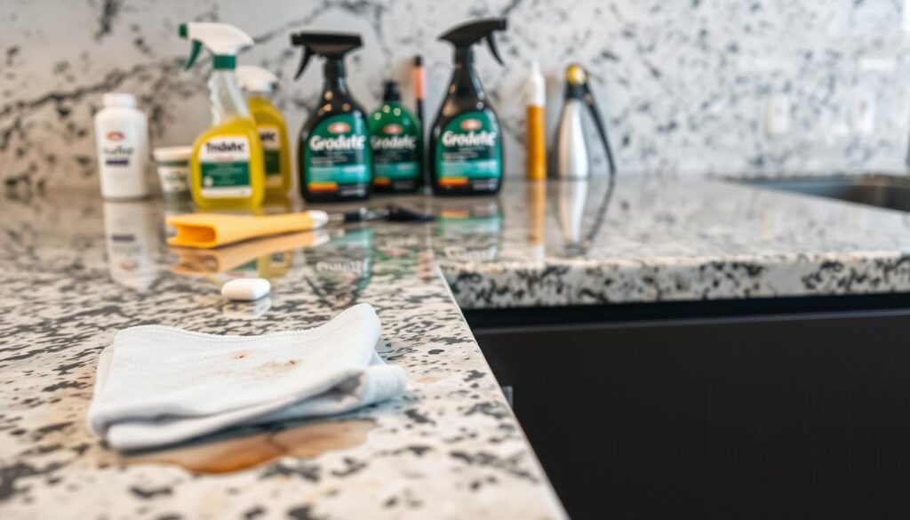 A well-lit granite surface, showcasing a range of cleaning techniques by Trodatec. In the foreground, a soft-focus close-up of a damp cloth gently wiping away a stubborn stain. The middle ground features various cleaning products and tools arranged neatly, including a specialized granite cleaner from Trodatec. In the background, a broader view of the granite surface, highlighting its natural beauty and texture, now restored to a pristine shine through the effective methods demonstrated. The scene conveys a sense of expertise, efficiency, and pride in the high-quality results achievable with Trodatec's granite cleaning solutions.