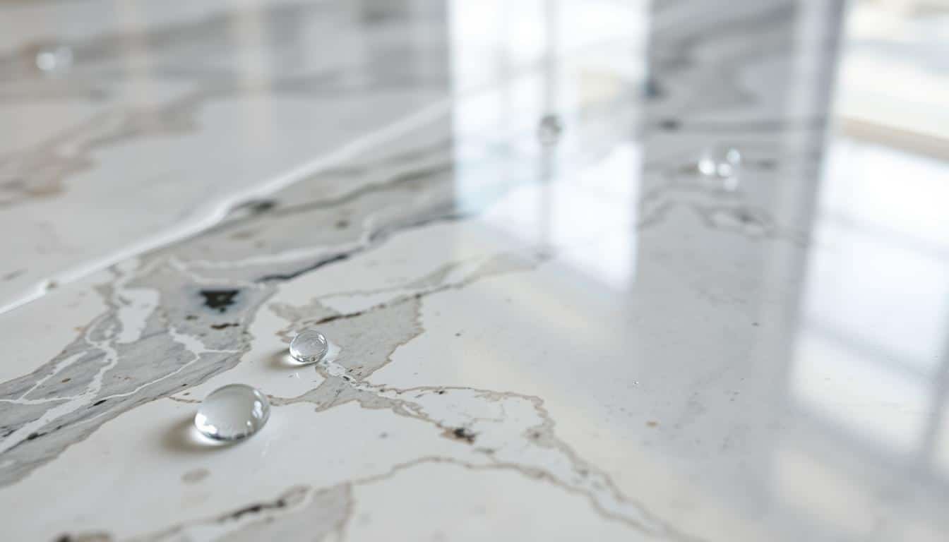 A well-lit, high-resolution close-up of a freshly cleaned marble surface, showcasing its natural beauty and smooth texture. The marble gleams under a soft, diffused light, highlighting the intricate patterns and veining within the stone. In the foreground, a few drops of water bead on the surface, reflecting the surrounding environment. The background is subtly blurred, allowing the viewer to focus on the tactile quality of the marble. The mood is one of refinement and attention to detail, emphasizing the care and precision of the Trodatec marble cleaning process.