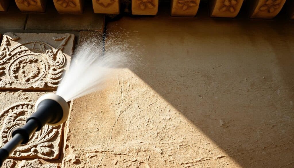 A well-lit, high-resolution image of a weathered stone facade being carefully cleaned using a Trodatec SE system. The foreground shows the cleaning process in action, with a gentle mist of water and soft-bristled brushes delicately removing dirt and grime. The middle ground reveals the gradually revealing clean stone, its intricate textures and patterns coming into focus. The background showcases the beautifully restored, pristine stone surface, highlighting the effectiveness and care of the Trodatec SE cleaning solution. The scene conveys a sense of careful preservation, sustainable restoration, and the superior quality of the Trodatec SE equipment.