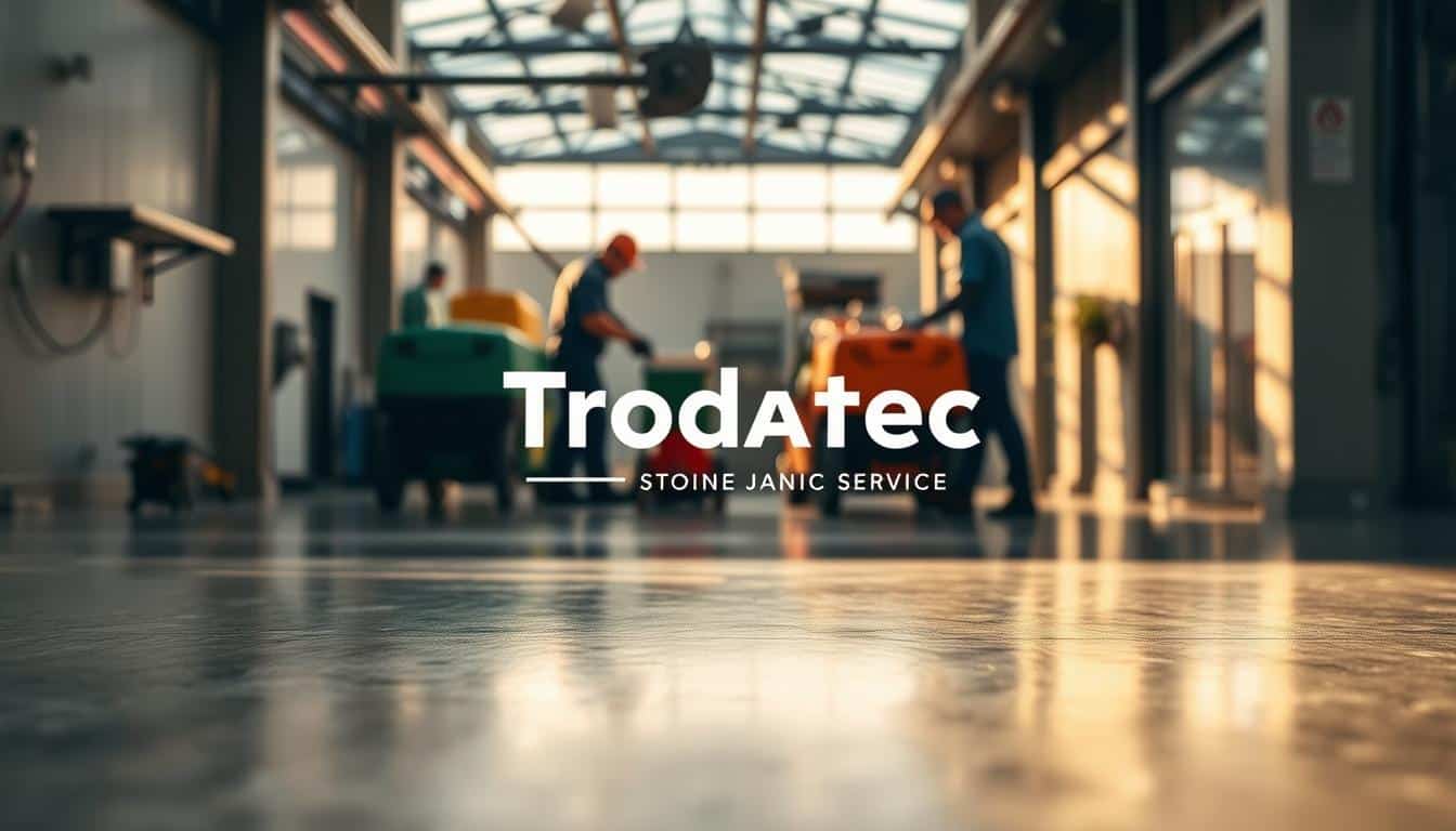 A well-lit, high-resolution image showcasing the Trodatec SE stone cleaning service. The foreground features an immaculately cleaned and polished stone surface, highlighting the company's expertise and attention to detail. The middle ground depicts a professional cleaning crew using specialized equipment, demonstrating the process. The background subtly displays a modern, industrial environment, conveying Trodatec's reliable and professional service. The lighting is warm and natural, creating a welcoming atmosphere. The overall composition emphasizes the quality of the stone cleaning work and the Trodatec brand.