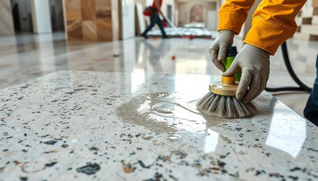 A well-lit, high-resolution photograph of a Trodatec stone cleaning project. Capture the foreground with a close-up view of a worker using a specialized cleaning solution and a scrubbing brush to remove dirt and grime from the surface of a smooth granite slab. In the middle ground, show an array of different stone types, including marble, limestone, and sandstone, all in need of professional cleaning. Provide a glimpse of the background, showcasing the larger project site, with scattered debris and equipment visible. Convey a sense of meticulous attention to detail and the careful, methodical approach required for effective stone restoration.