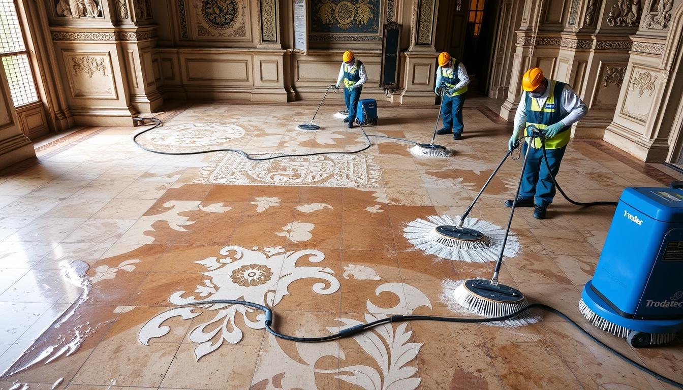 A well-lit, high-resolution photograph of a team of professional cleaners using Trodatec cleaning equipment to thoroughly clean and restore a large, ornate stone floor in a historic building. The cleaners are wearing protective gear and using specialized brushes and scrubbing tools to meticulously remove dirt, grime, and stains from the intricate stone tiles, revealing their natural beauty and lustre. The image conveys a sense of professionalism, care, and attention to detail, showcasing the expertise and sustainable approach of the Trodatec cleaning team.