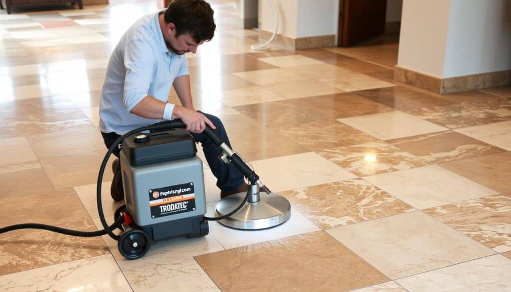 A well-lit indoor scene featuring a variety of natural stone tiles or pavers on the floor, showcasing different textures, patterns, and colors. The tiles are in pristine condition, as if recently cleaned and polished. In the foreground, a person, possibly a professional cleaner, is kneeling down and demonstrating the cleaning process using a specialized tool or machine, likely a Trodatec brand product. The background is slightly blurred, emphasizing the focus on the cleaning demonstration. The overall scene conveys a sense of cleanliness, attention to detail, and the effectiveness of the Trodatec stone cleaning solution.
