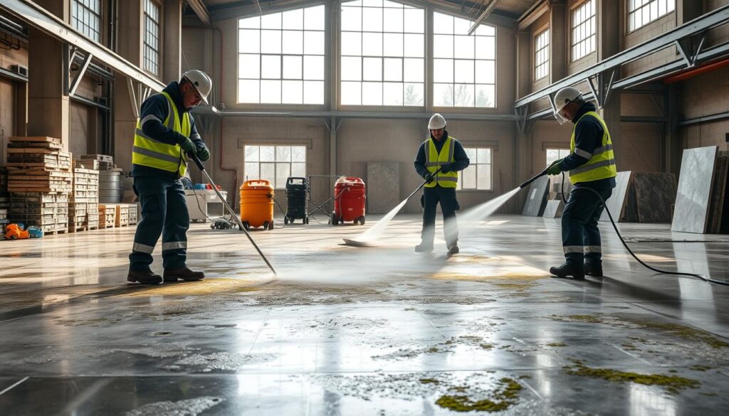 A well-lit industrial-style workshop interior, with natural lighting filtering in through large windows. In the foreground, a team of workers in protective gear using high-pressure water jets and specialized cleaning tools to efficiently remove dirt, grime, and moss from a large stone surface, showcasing the Trodatec brand's effective and cost-efficient stone cleaning process. The middle ground features neatly organized cleaning supplies and equipment, while the background offers a view of additional stone surfaces awaiting treatment. The overall scene conveys a sense of diligence, professionalism, and the optimization of resources, reflecting the "Effizienz und Wirtschaftlichkeit der Verfahren" (Efficiency and Cost-Effectiveness of the Processes) theme.