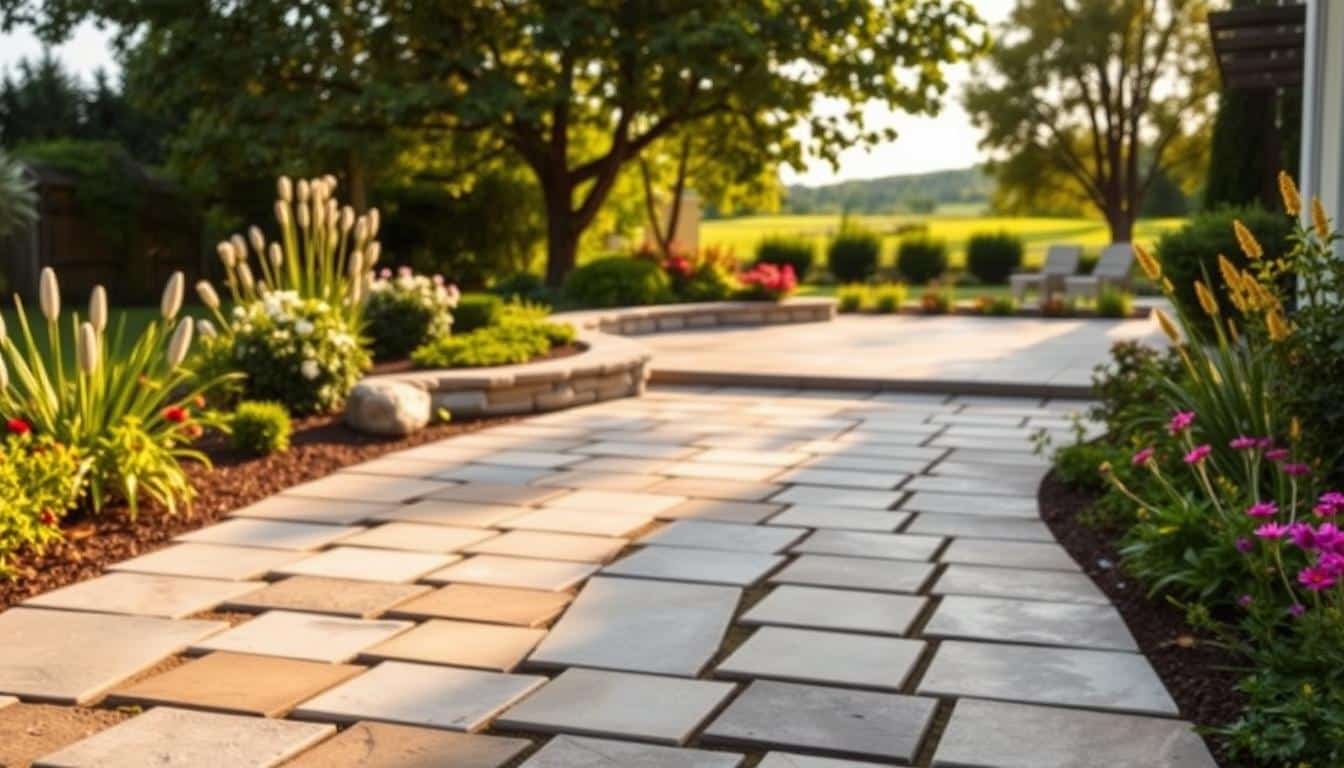A well-lit outdoor scene showcasing the efficient Steinreinigung solutions from Trodatec SE. In the foreground, a vibrant garden path lined with clean, rejuvenated stone pavers. The midground features a patio with a variety of natural stone surfaces, all evenly treated and revitalized. In the background, a lush, verdant landscape with trees and shrubbery. Warm, natural lighting illuminates the scene, enhancing the clean, pristine appearance of the treated stones. The composition emphasizes the seamless integration of Trodatec's effective stone cleaning techniques within a picturesque, serene garden setting.