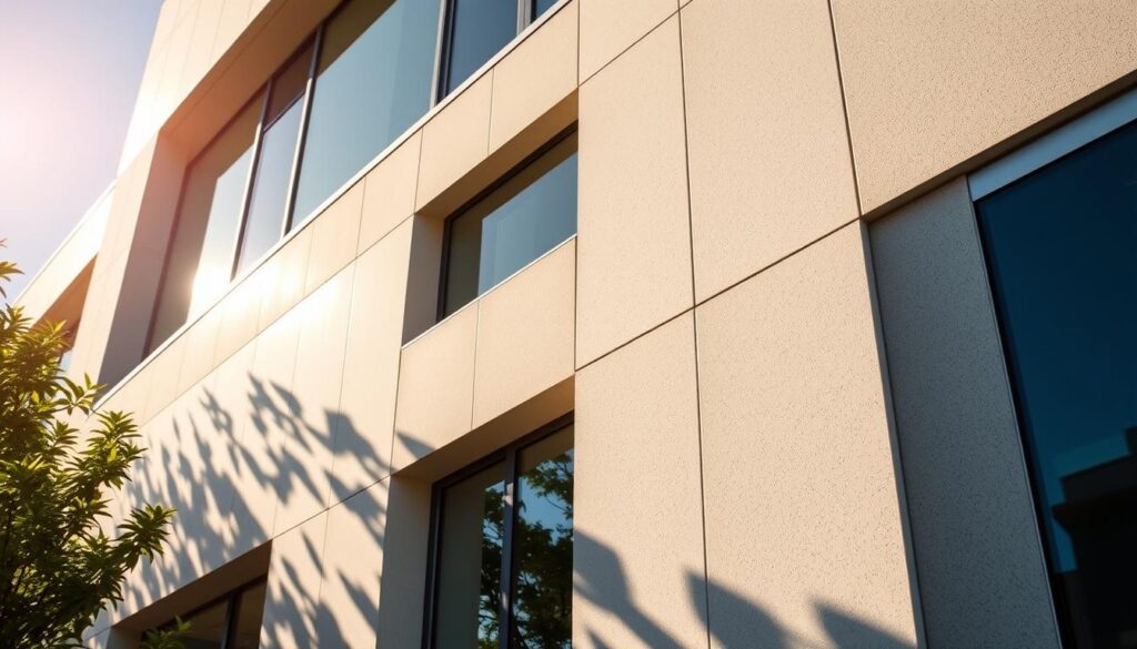 A well-maintained facade, gleaming in the warm sunlight, showcases a modern, environmentally-friendly cleaning solution. The seamless integration of natural textures and sleek architectural lines creates a visually striking composition. Trodatec's efficient and eco-conscious cleaning process is captured in the crisp, polished appearance of the building's surface, free from any unsightly blemishes or discoloration. The scene conveys a sense of professionalism, attention to detail, and a commitment to sustainable practices, aligning with the section on "Costs and Efficiency: DIY vs. Professional Service".