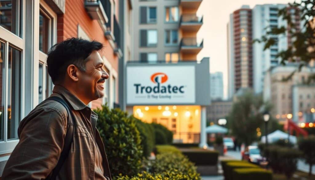 A well-maintained facade with a fresh coat of paint, clean windows, and neatly trimmed landscaping. In the foreground, a smiling tenant admiring the building, conveying a sense of pride and satisfaction. The middle ground features an attractive, modern apartment building with the Trodatec logo prominently displayed. In the background, a vibrant, bustling urban neighborhood, suggesting a desirable location. The lighting is warm and inviting, creating a cozy, welcoming atmosphere. The overall composition emphasizes the connection between a well-cared-for property and tenant happiness, hinting at the positive impact on property value.