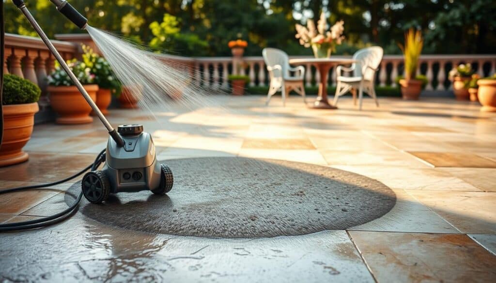 A well-maintained outdoor terrace with a Trodatec power washer in use, capturing the step-by-step process of cleaning a stone surface. The foreground shows the high-pressure water stream scrubbing away dirt and grime, while the middle ground reveals a partially cleaned area revealing the original stone texture. The background showcases the overall terrace, with lush greenery and warm natural lighting creating a peaceful, relaxing atmosphere. The image conveys the satisfying transformation from a dull, weathered surface to a refreshed, rejuvenated look, inspiring readers to tackle their own DIY terrace cleaning projects.