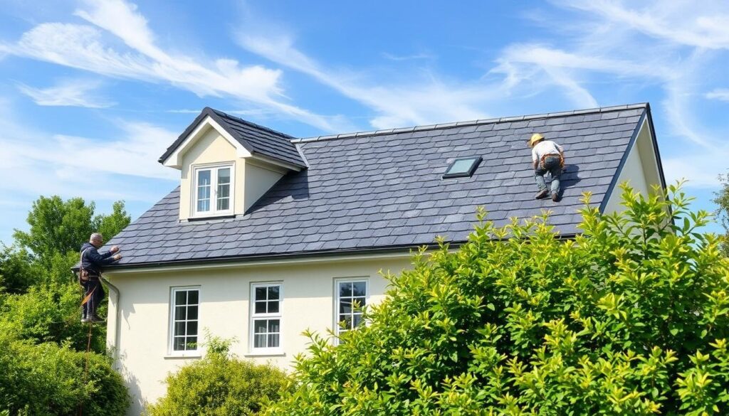 A well-maintained roof is crucial for the longevity and integrity of a building. This prompt aims to create an image showcasing the comprehensive roof cleaning and coating services offered by Trodatec. The scene depicts a two-story residential building with a slate roof, surrounded by a lush, verdant landscape. In the foreground, a technician in a safety harness is carefully inspecting the roof, while in the middle ground, another technician is applying a protective sealant to the tiles. The background features a clear, blue sky with wispy clouds, creating a serene and professional atmosphere. The image should convey Trodatec's expertise in roof maintenance, their commitment to safety, and the importance of proactive roof care for long-term building preservation.
