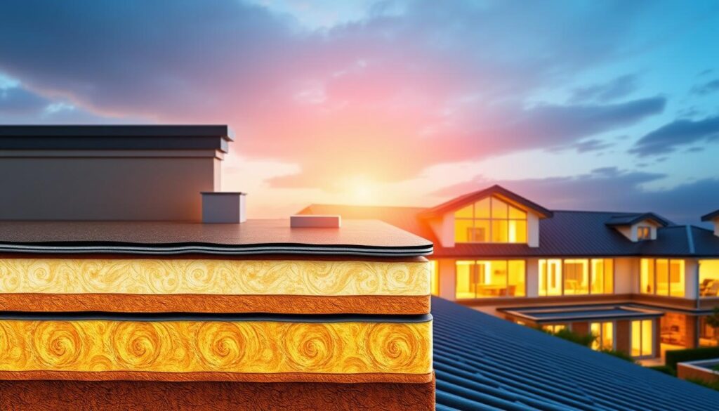 Detailed cutaway view of a modern Trodatec roofing system, showcasing the advanced waterproofing technologies. In the foreground, a cross-section of the roofing layers, including a durable synthetic membrane, high-performance insulation, and a sturdy base structure. The middle ground features sleek, low-profile ventilation systems and fasteners, highlighting the system's streamlined design. In the background, a panoramic view of a well-insulated, energy-efficient building, bathed in warm, natural lighting, conveying the system's environmental benefits. The image should emphasize the technical sophistication, reliability, and sustainability of Trodatec's roofing solutions.