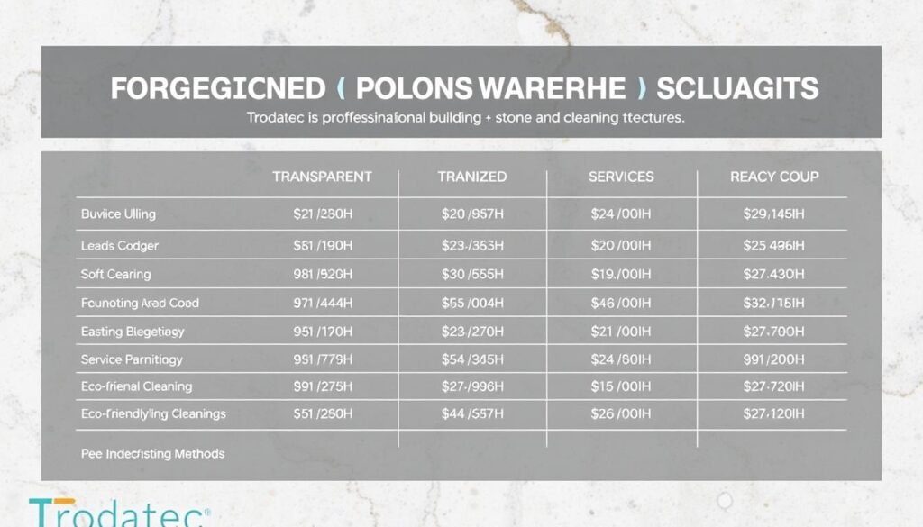 Detailed transparent cost structure for Trodatec's professional building and stone cleaning services. A sleek, modern infographic showcasing Trodatec's transparent pricing, itemized service options, and eco-friendly cleaning methods. Minimal, sophisticated design with clean lines, soft grays, and accents of Trodatec's brand blue. Infographic set against a bright, natural stone background, with subtle highlights illuminating key details. High-quality, high-resolution rendering capturing the professionalism and attention to detail of Trodatec's cleaning solutions.