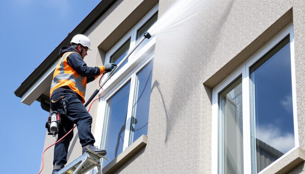 Ein Bild von TRODATEC-Experten bei der Fassadenreinigung