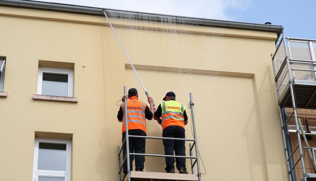 Ein Bild von TRODATEC-Experten bei der Fassadenreinigung ohne Gerüst