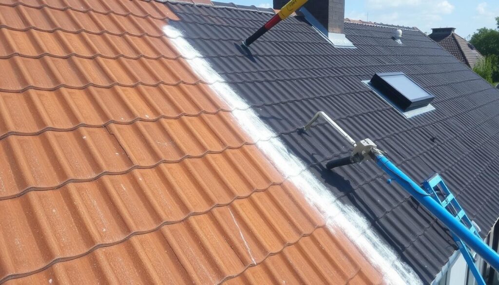 Ein Dach in Oberhausen, das gründlich gereinigt und beschichtet wird.
