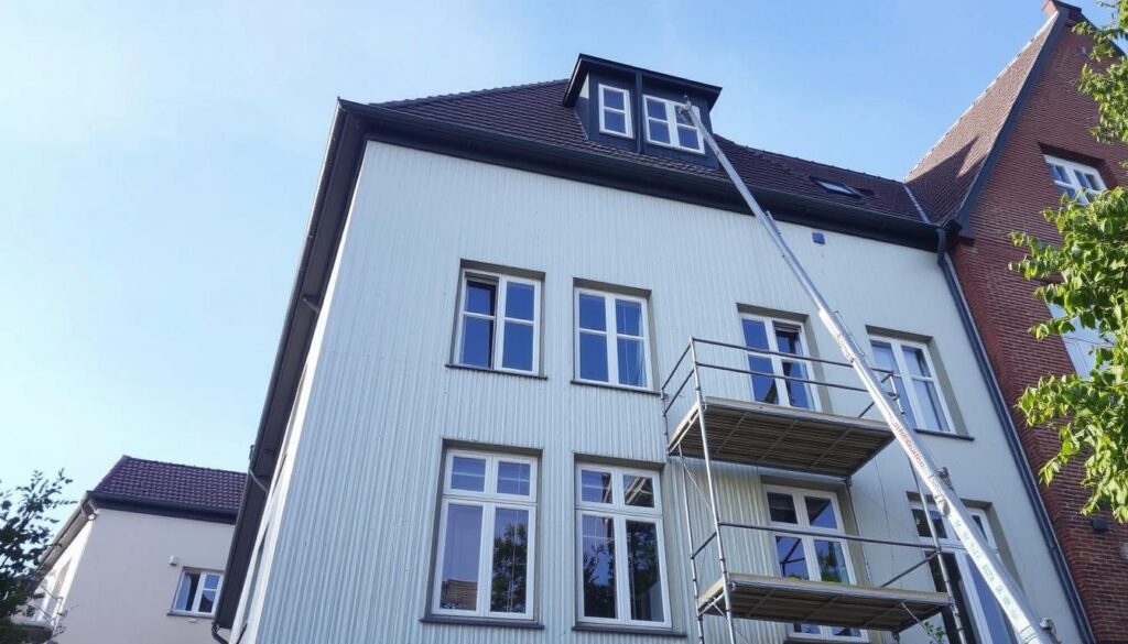 Eine Fassade in Oberhausen, die ohne Gerüst gereinigt wird.